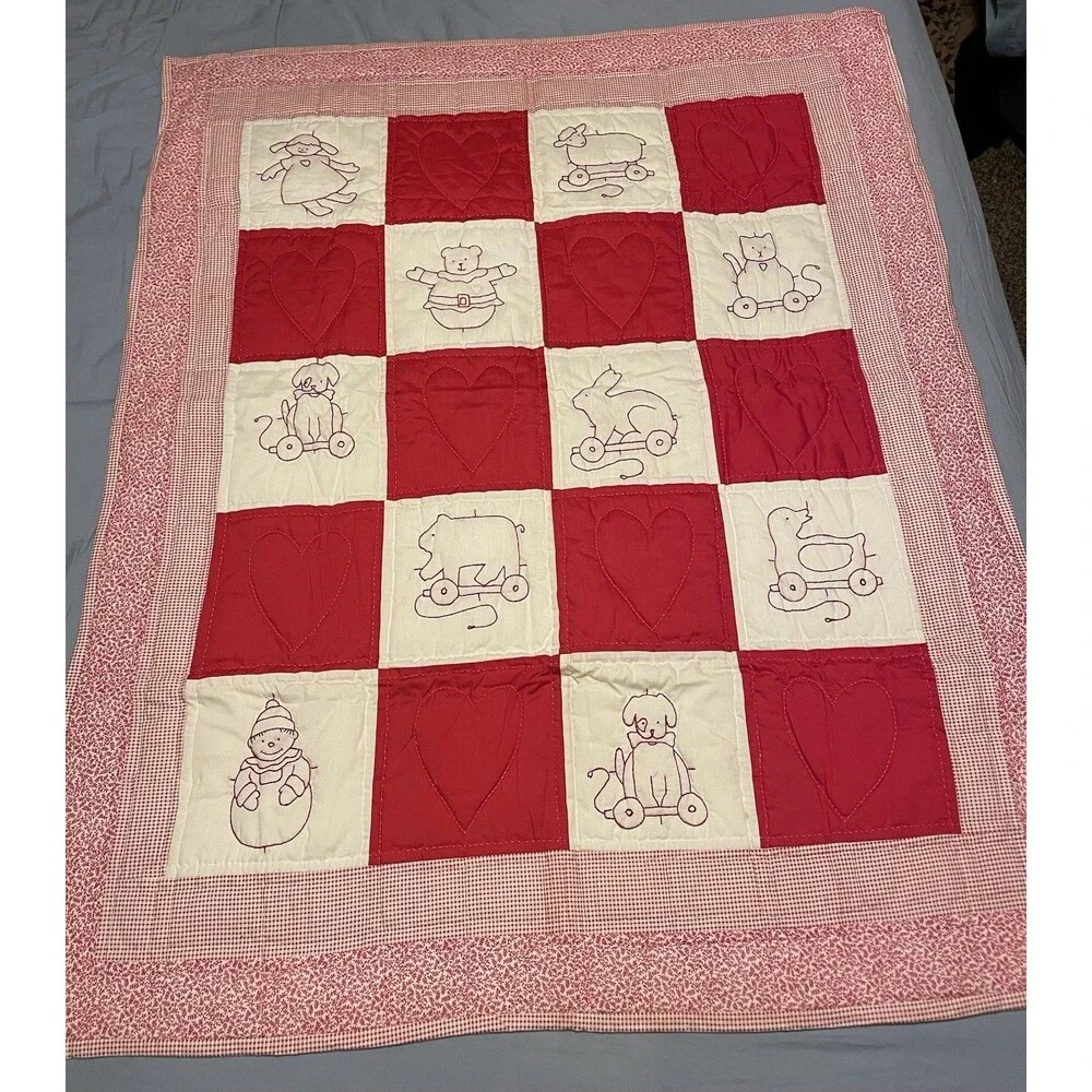 10 Panel Embroidered Gingham Heirloom Quality Baby Blanket Quilt 43.5 X 34.5”